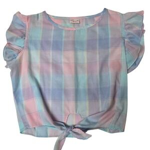 Vintage Shirt Medium Accent Pastel Plaid Tie Front Crop Top Flutter Sleeve